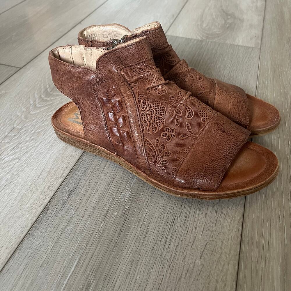 Miz Mooz 'Flaire' Women's 38 Leather Ruched Side Zip Bohemian Sandal Tan Paisley - Picture 4 of 11